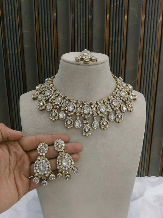 Antique White Necklace Set/ Antique gold Indian Lois Jewellery