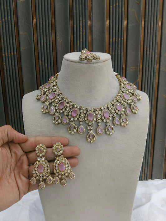 Antique Gold Pink Necklace Set/ Antique gold Indian Lois Jewellery