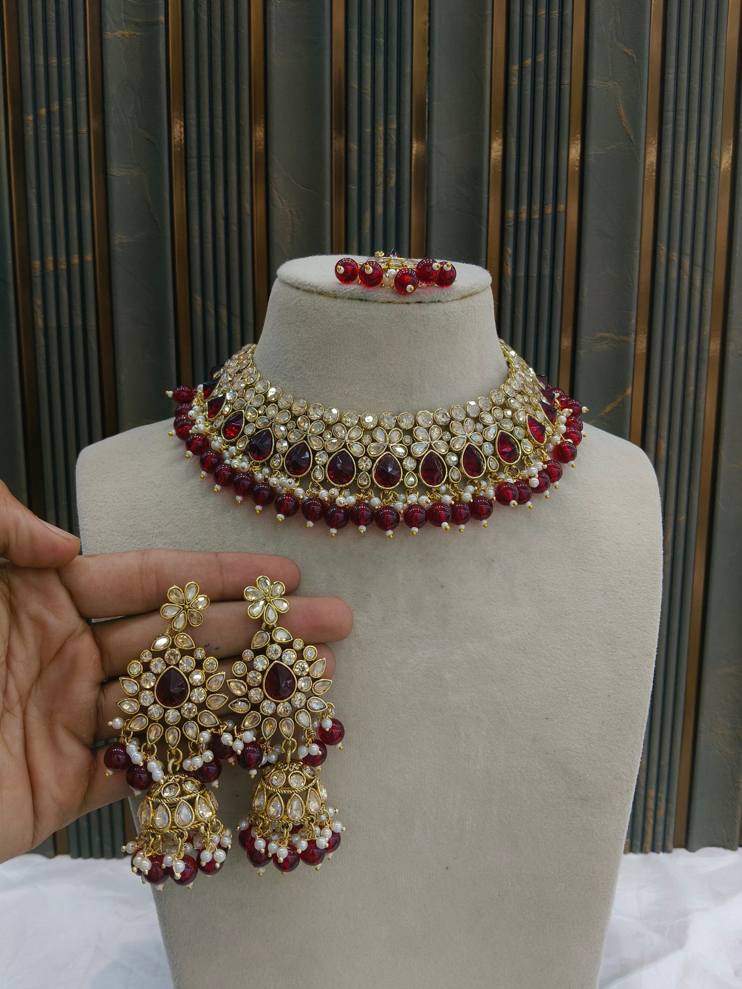 Antique Gold Maroon Necklace Set/ Antique gold rani Indian Bridal Devika Jewellery