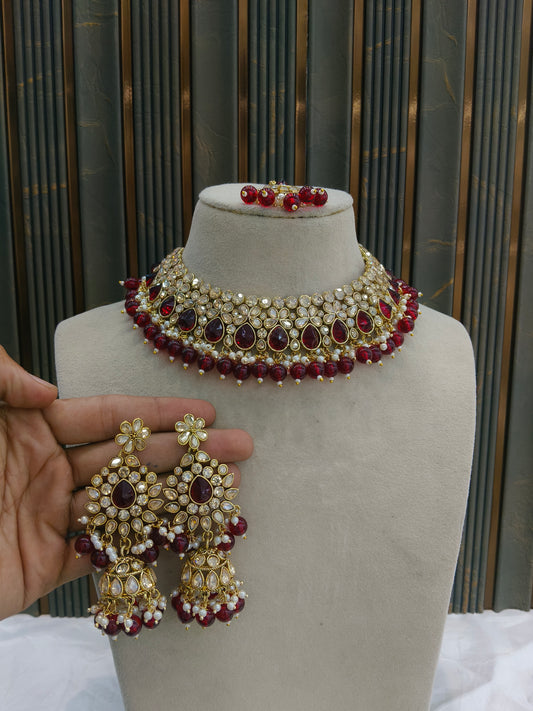 Antique Gold Maroon Necklace Set/ Antique gold rani Indian Bridal Devika Jewellery
