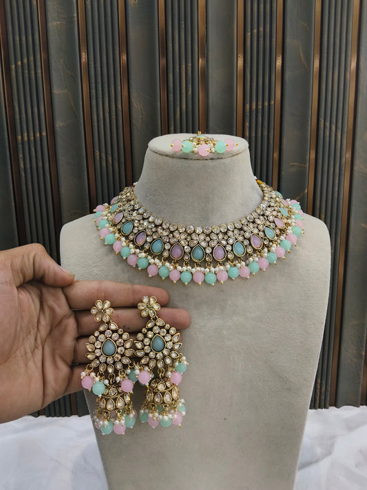 Antique Gold Mint Pink Necklace Set/ Antique gold rani Indian Bridal Devika Jewellery