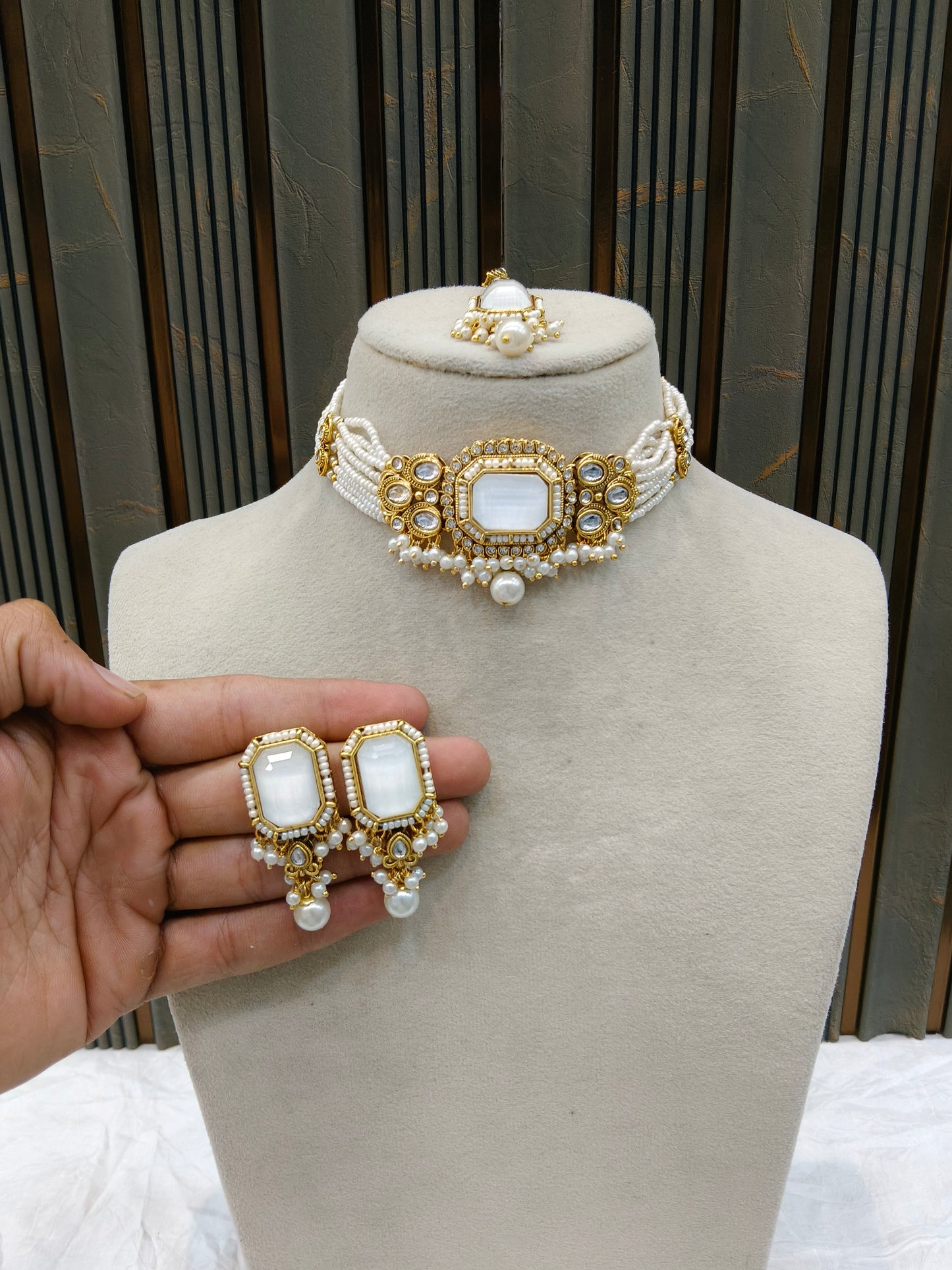 Indian Jewellery White Kundan choker Set/ kundan choker Kundan Sama Set