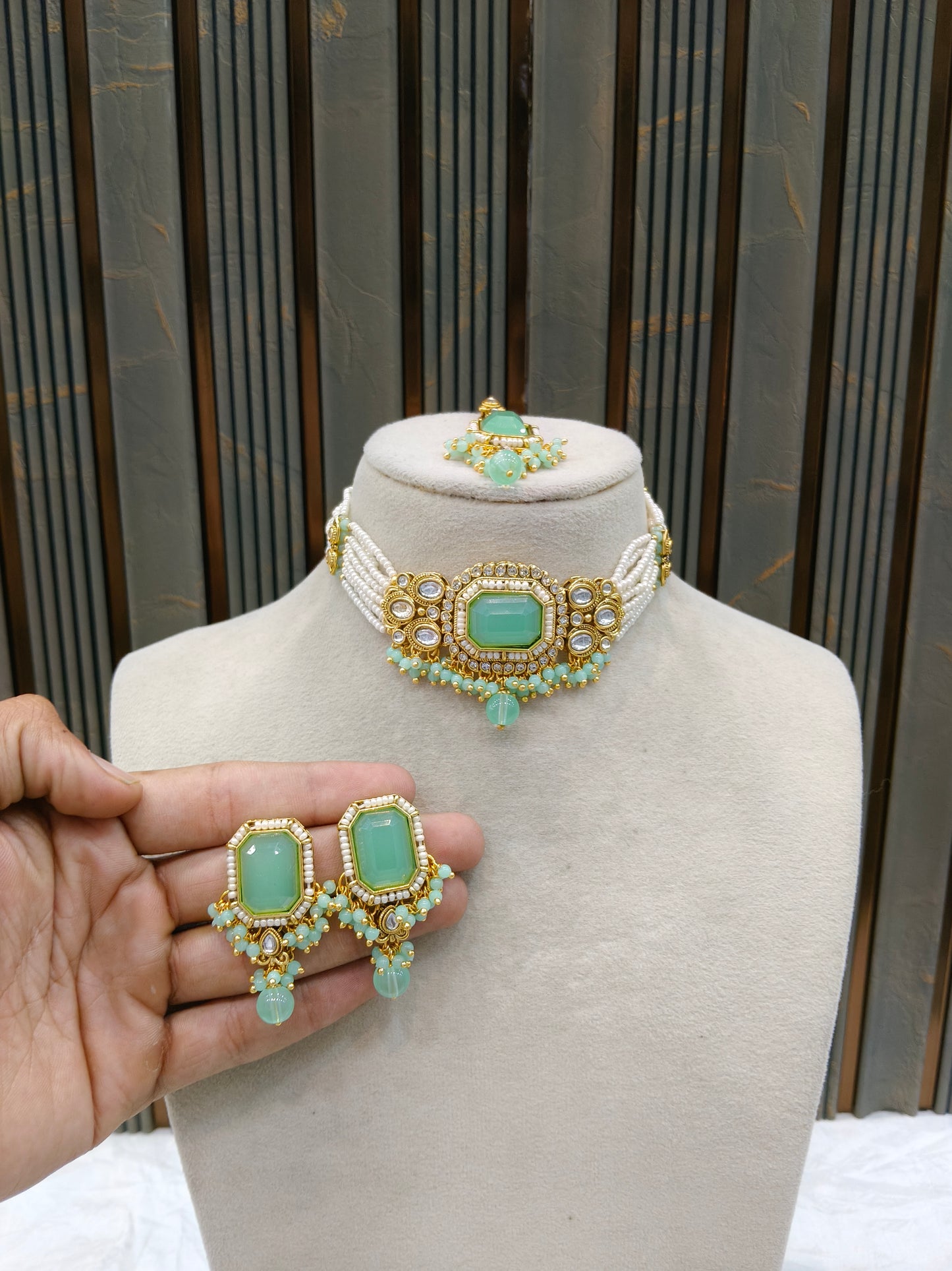 Indian Jewellery Mint Kundan choker Set/ kundan choker Kundan Sama Set