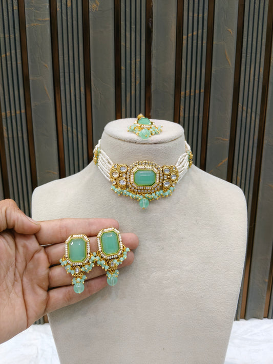 Indian Jewellery Mint Kundan choker Set/ kundan choker Kundan Sama Set