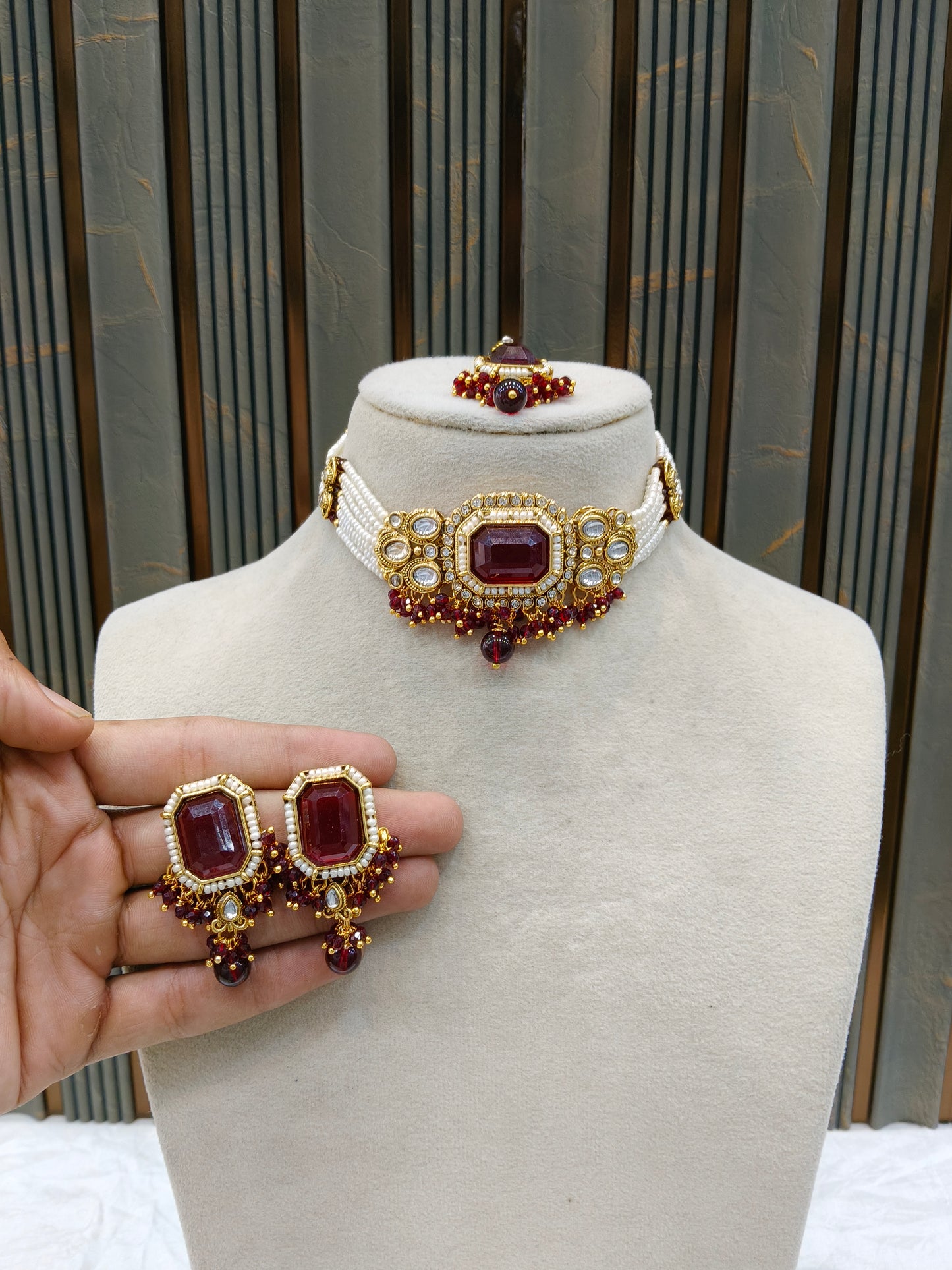 Indian Jewellery Maroon Kundan choker Set/ kundan choker Kundan Sama Set