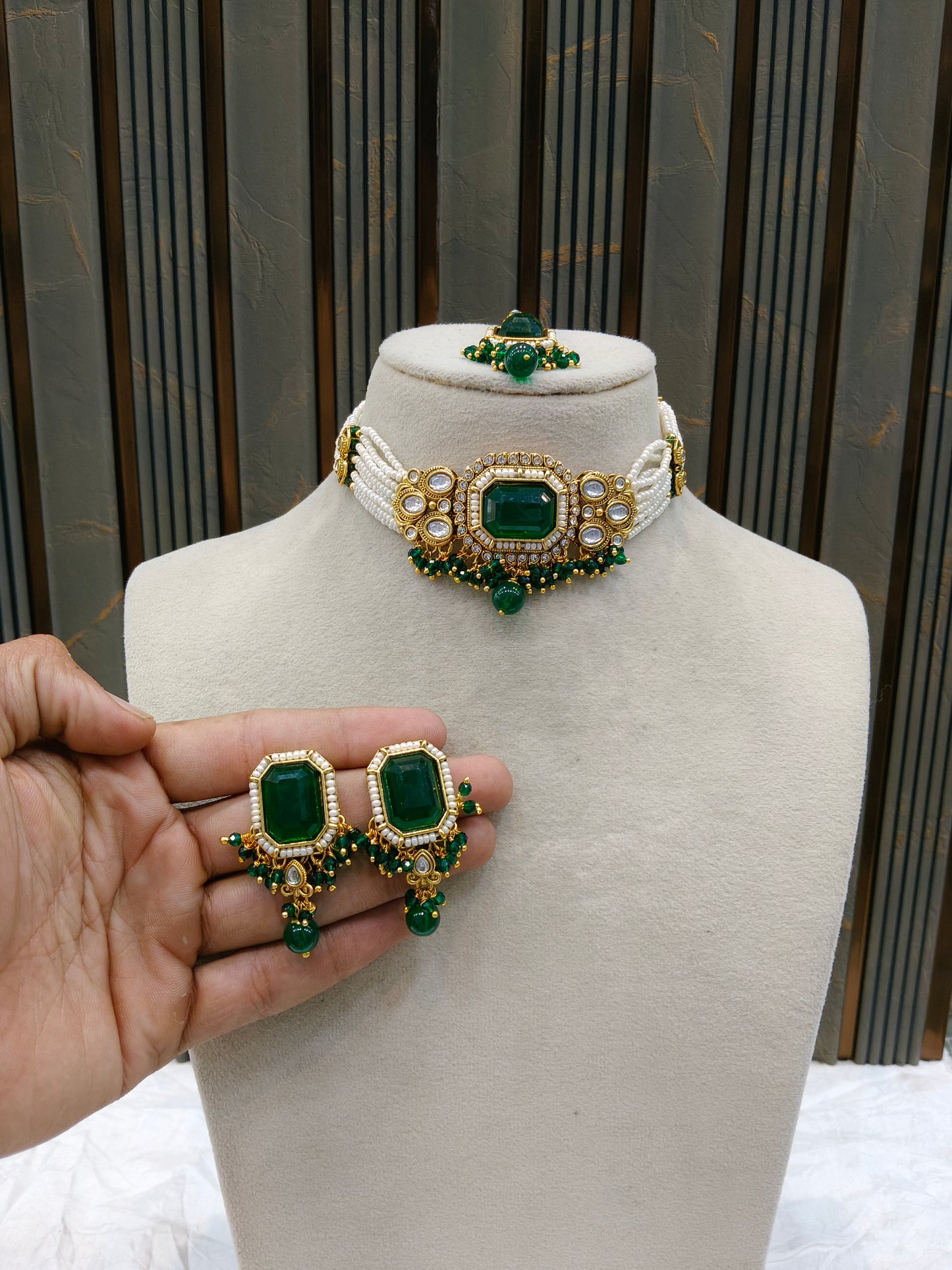 Indian Jewellery Green Kundan choker Set/ kundan choker Kundan Sama Set
