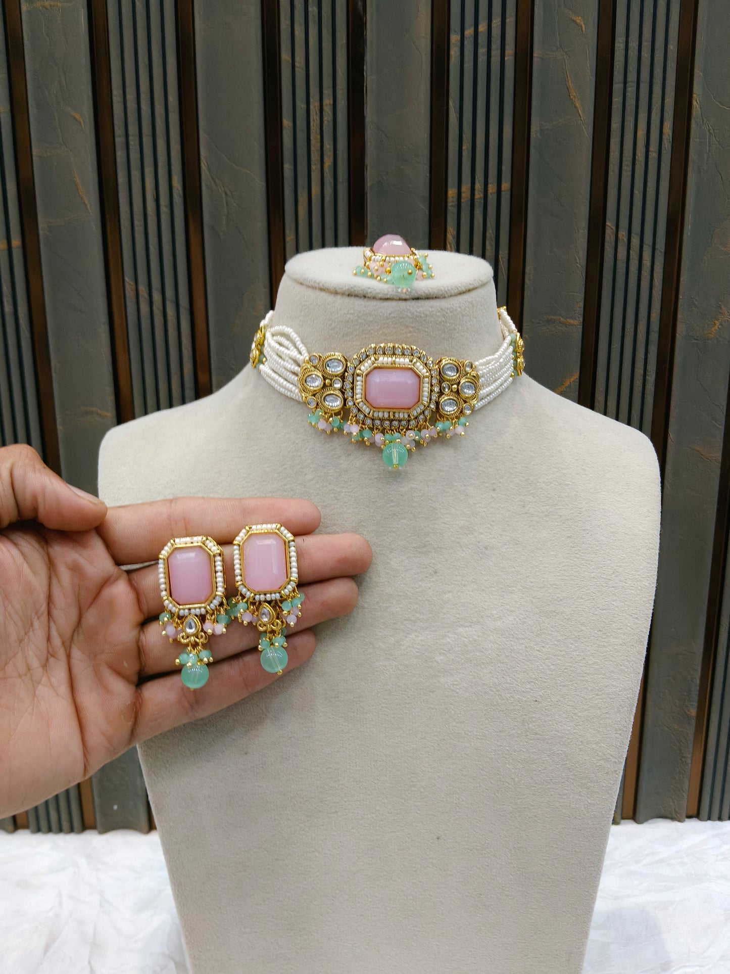 Indian Jewellery Mint Pink Kundan choker Set/ kundan choker Kundan Sama Set