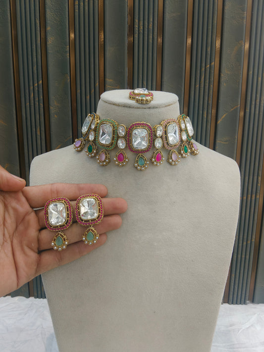Antique Multi Color Kundan Choker Indian Jewellery Lsg Set