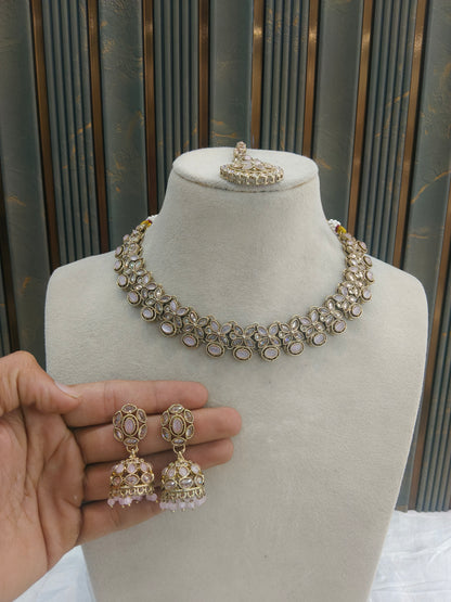 Pink Antique Gold Necklace Indian Jewellery Race Set