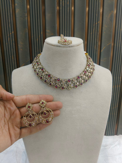 Maroon Antique Gold Necklace Indian Jewellery Race Set