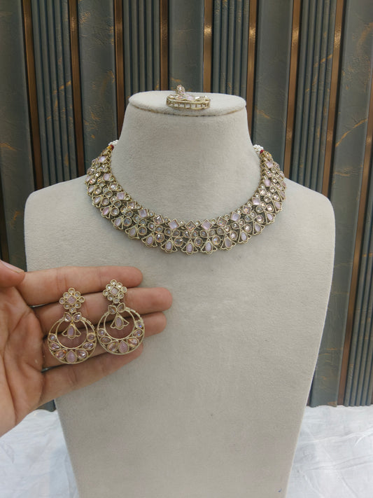Pink Antique Gold Necklace Indian Jewellery Race Set