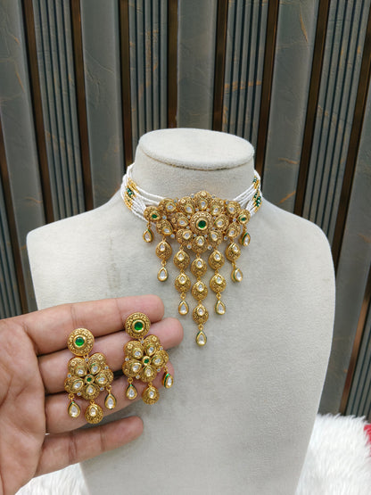 Green Gold Real Look Polki Kundan choker set/ Gold choker Lake set