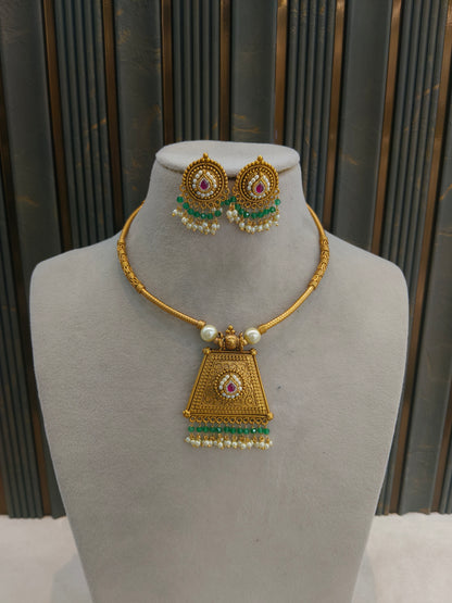 Gold Polki Ruby Sage Green Husli Necklace Jewellery Rex Set