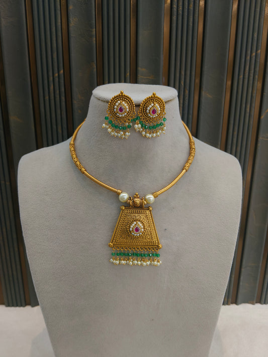 Gold Polki Ruby Sage Green Husli Necklace Jewellery Rex Set