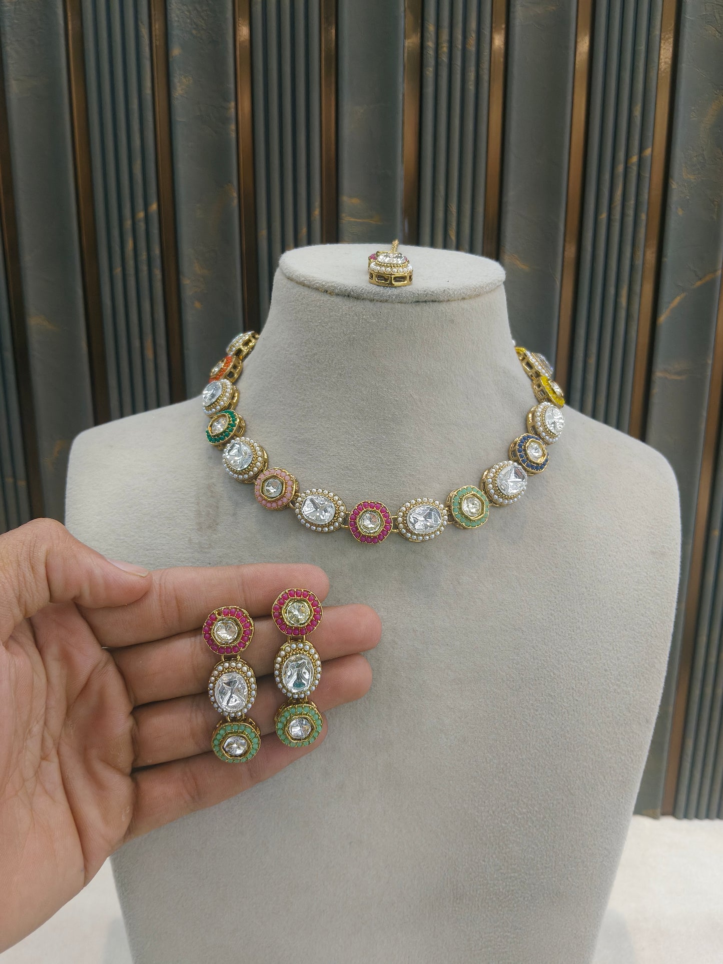 Antique Multi Color Kundan Necklace Indian Jewelry Alma Set