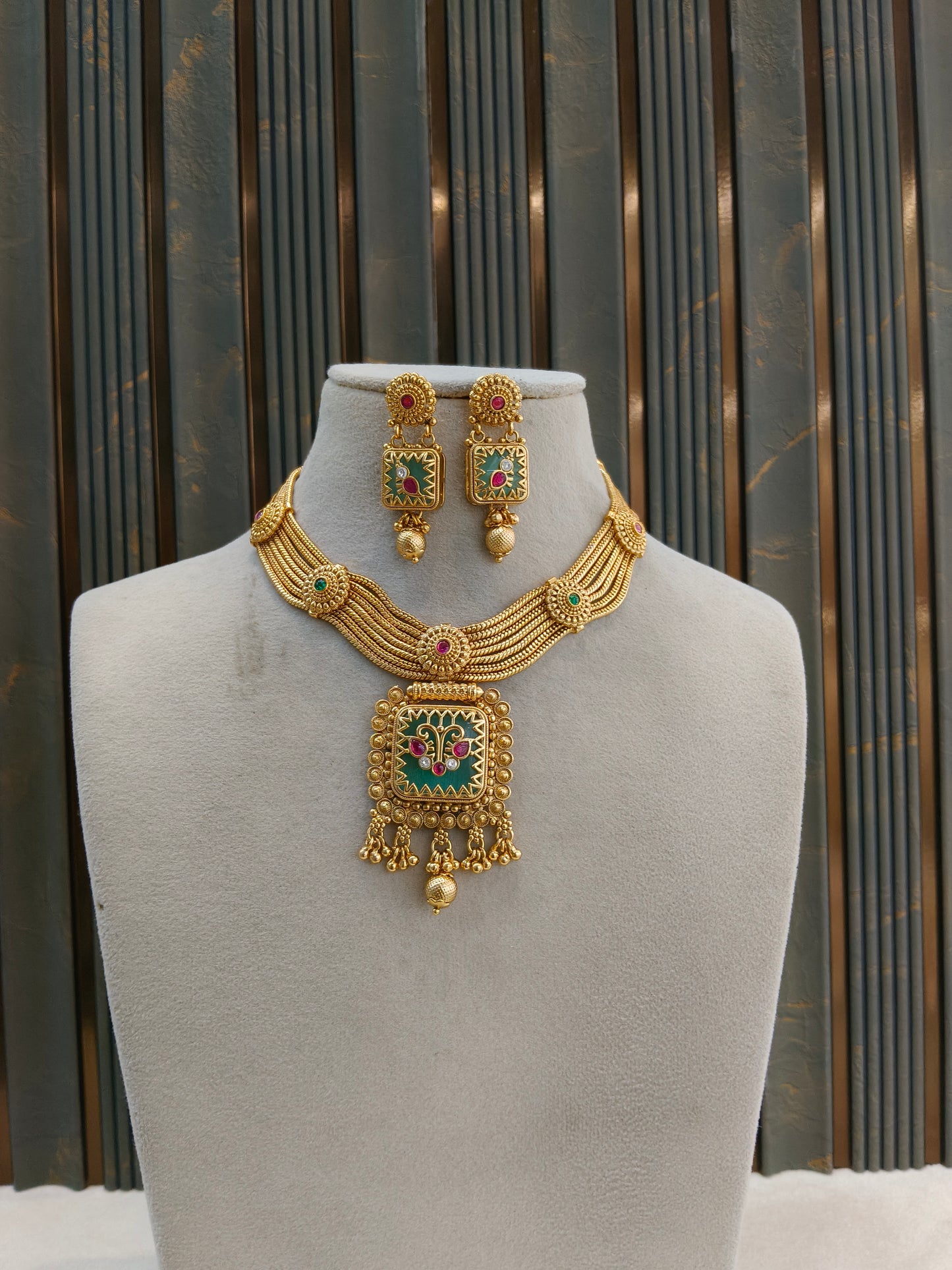 Gold Polki Ruby Sage Green Necklace Jewellery Riko Set