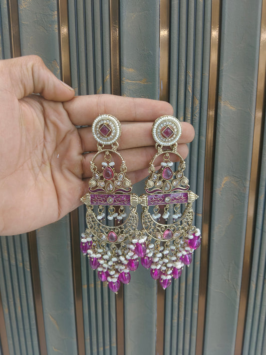 Antique Gold Majenta Bollywood Saku Indian Earrings