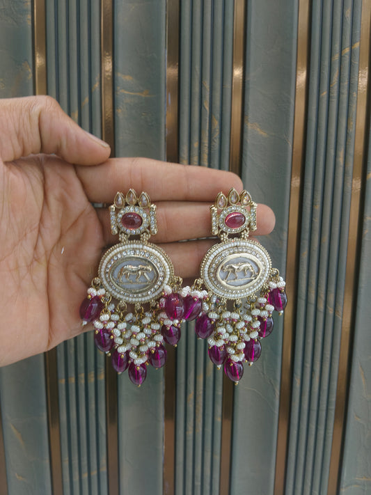 Antique Gold Majenta Bollywood Yua Indian Earrings