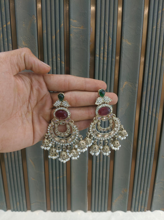 Antique Gold Maroon Green Bollywood Tora  Indian Earrings