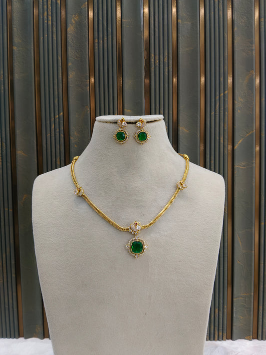 Gold American Diamond Green AD Hana Necklace Set /Indian Necklace Sets