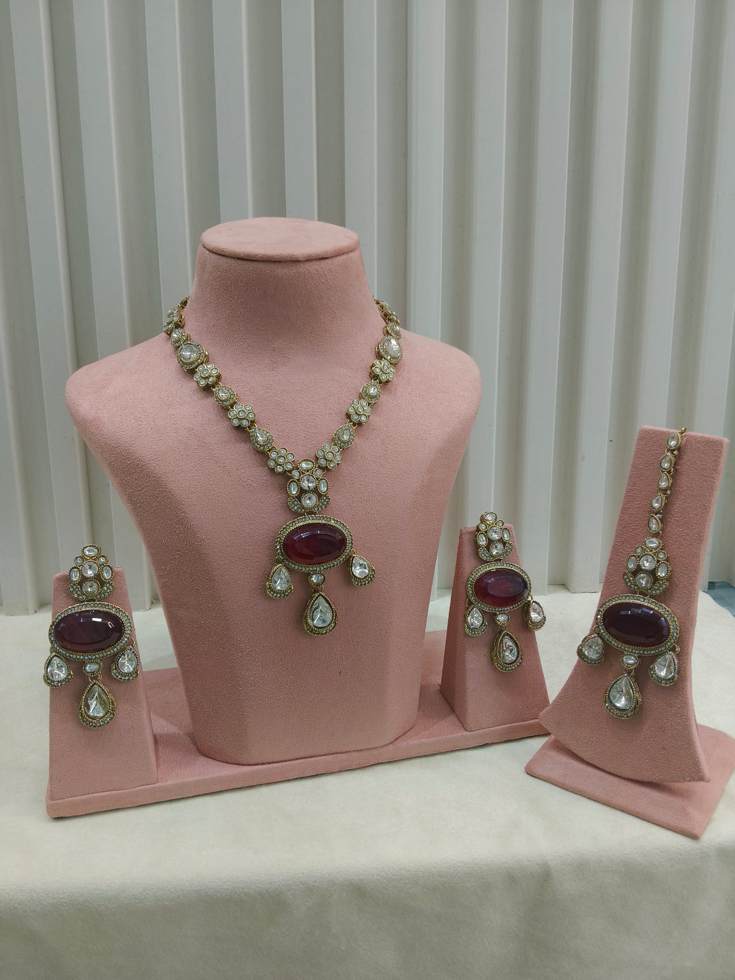 Antique Moissanite Maroon Long kundan necklace Indian Jewellery Henry Wedding Set