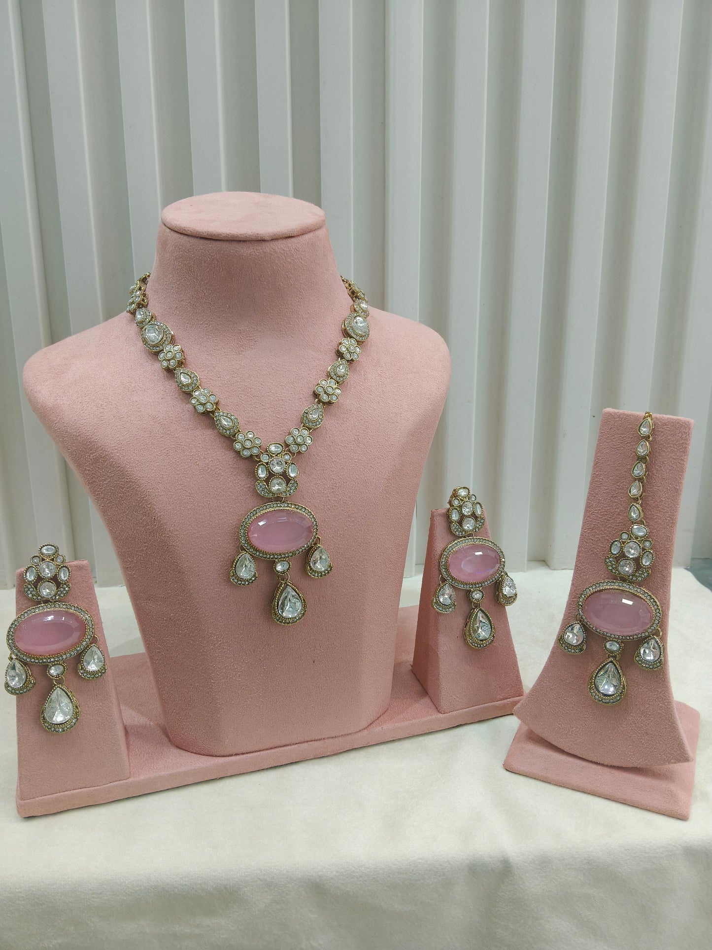 Antique Moissanite Pink Long kundan necklace Indian Jewellery Henry Wedding Sets