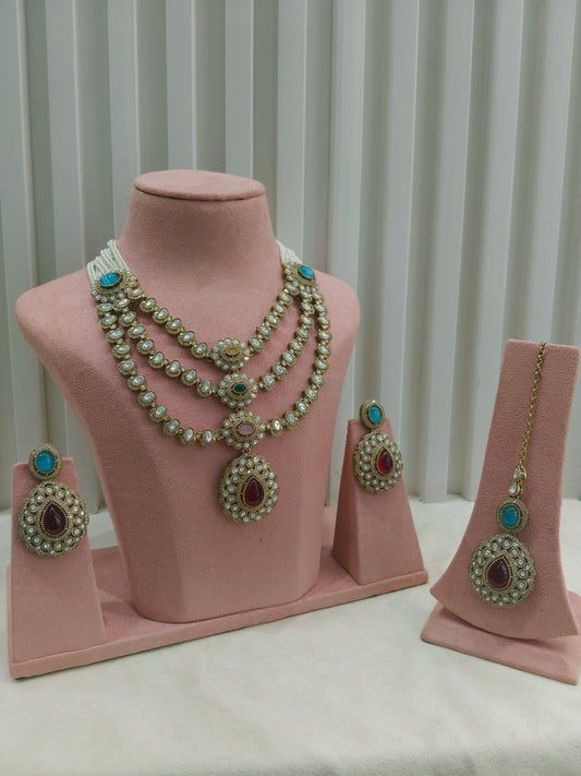 Antique Moissanite Multicolor Long kundan necklace Indian Jewellery Henry Wedding Sets