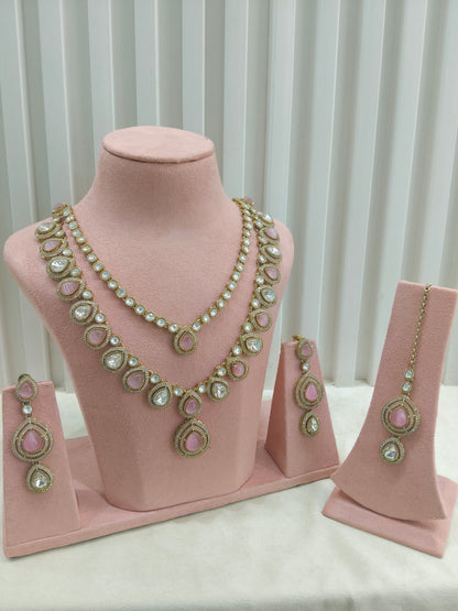 Antique Moissanite Pink Long kundan necklace Indian Jewellery Henry Wedding Sets
