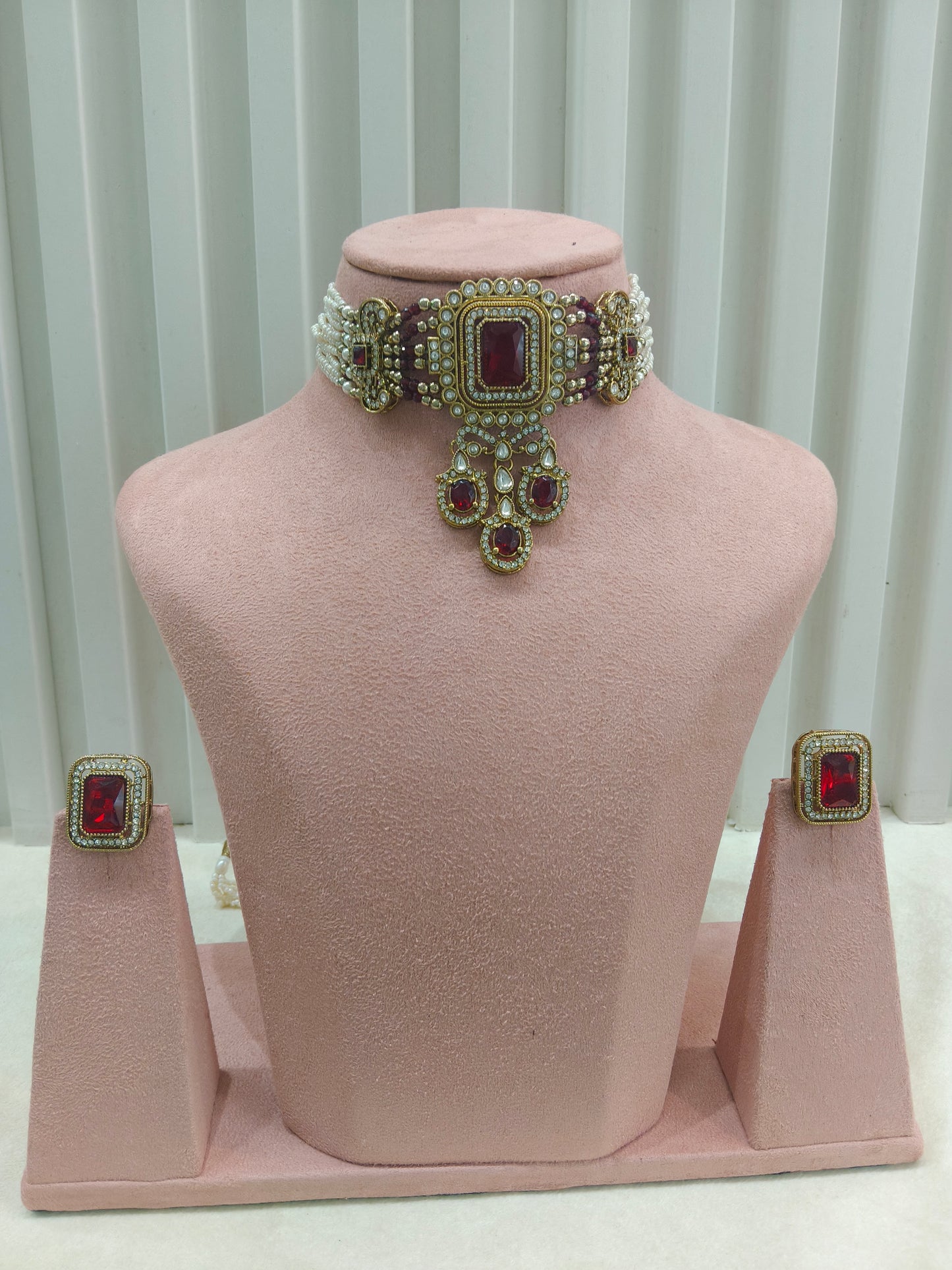 Antique Maroon Moissanite kundan choker Indian Jewellery Sarah Wedding Set