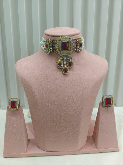 Antique Maroon Moissanite kundan choker Indian Jewellery Sarah Wedding Set