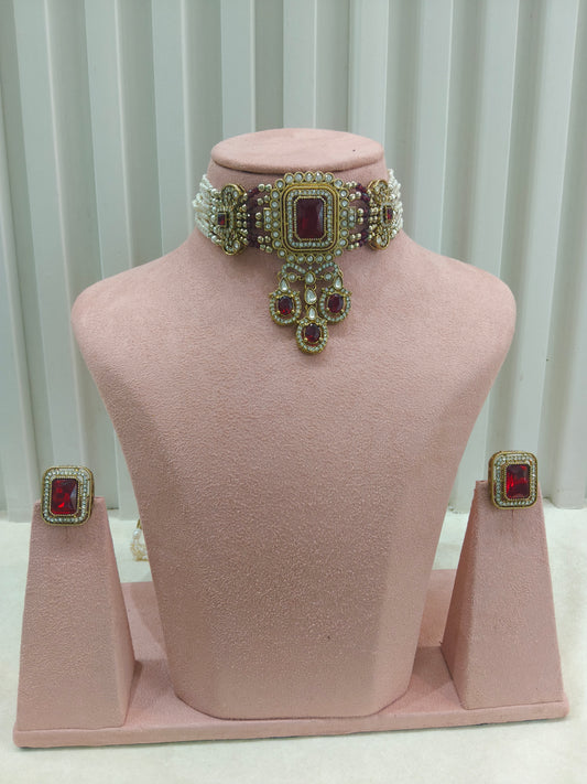 Antique Maroon Moissanite kundan choker Indian Jewellery Sarah Wedding Set