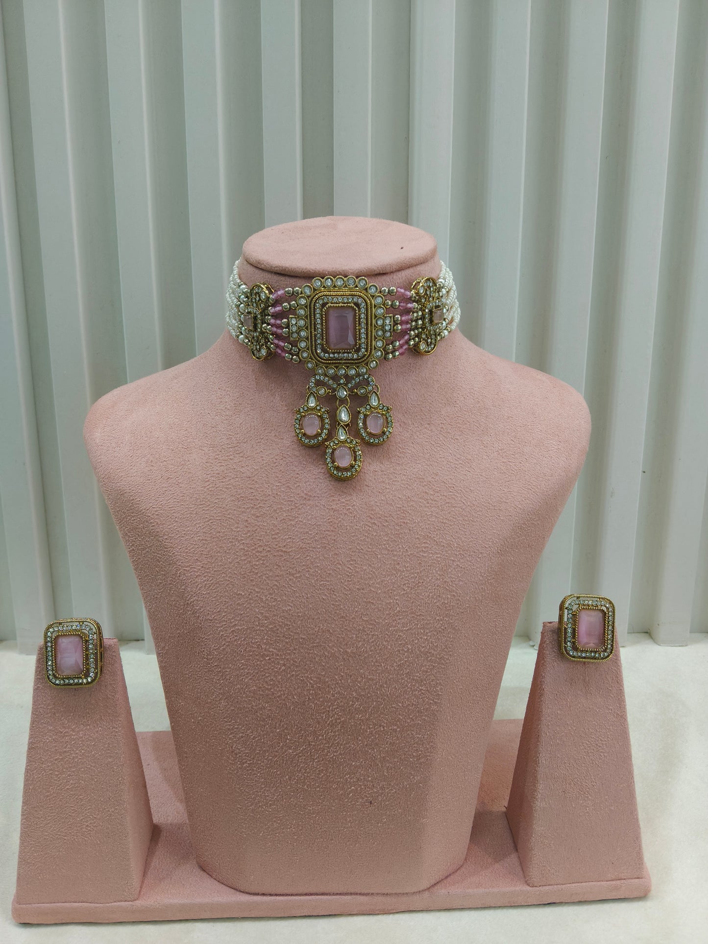 Antique pink Moissanite kundan choker Indian Jewellery Sarah Wedding Set