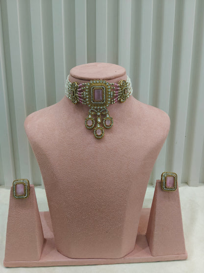 Antique pink Moissanite kundan choker Indian Jewellery Sarah Wedding Set