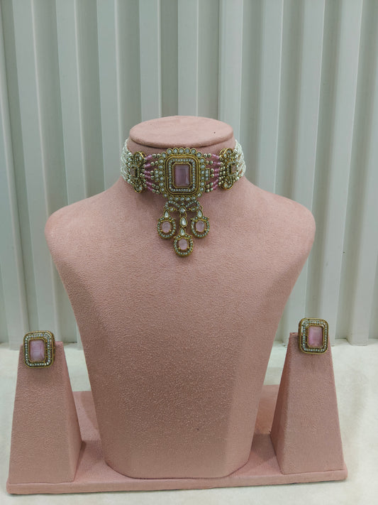 Antique pink Moissanite kundan choker Indian Jewellery Sarah Wedding Set