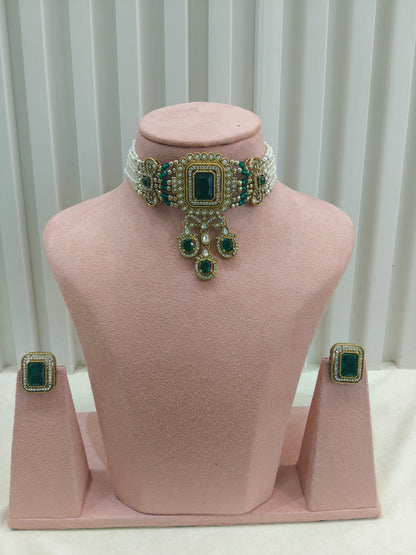Antique Green Moissanite kundan choker Indian Jewellery Sarah Wedding Set