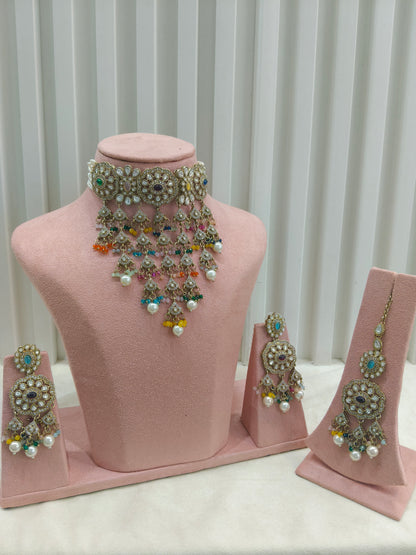 Antique Multicolor waterfall Moissanite kundan choker Indian Jewellery Sarah Wedding Set