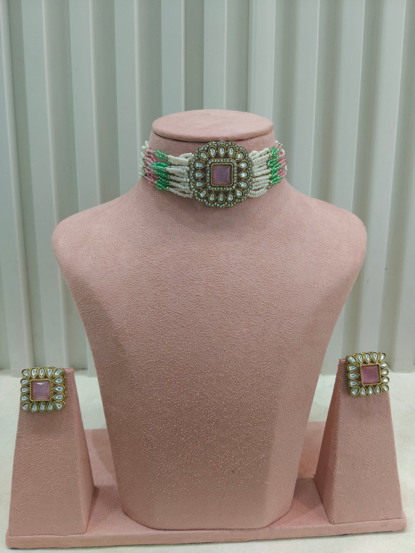 Antique Mint Pink Moissanite kundan choker Indian Jewellery Abby Wedding Set