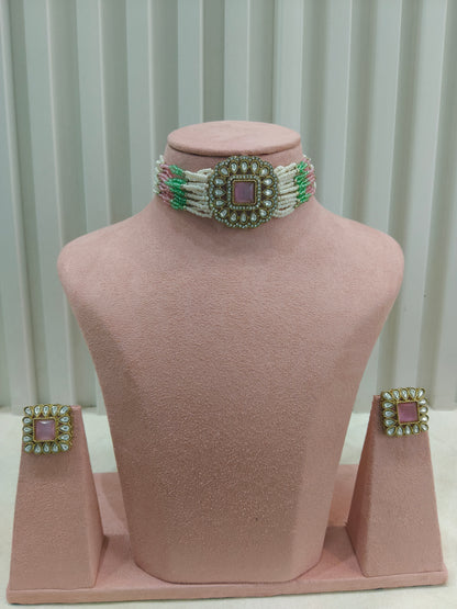 Antique Mint Pink Moissanite kundan choker Indian Jewellery Abby Wedding Set