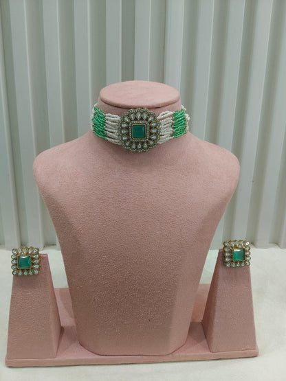 Antique Pista Moissanite kundan choker Indian Jewellery Abby Wedding Set