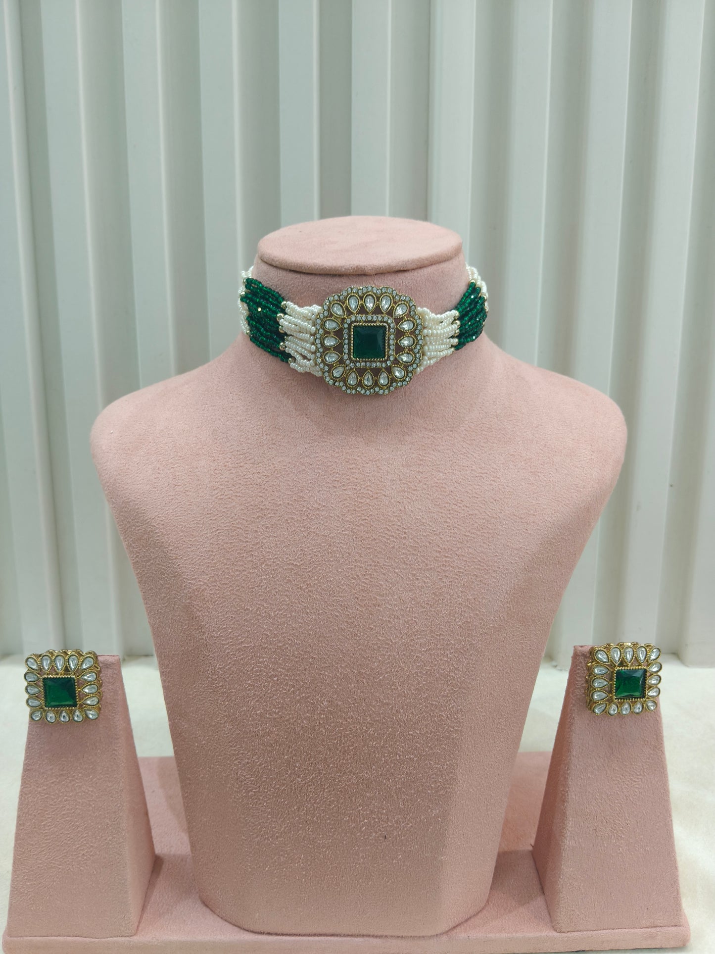 Antique Green Moissanite kundan choker Indian Jewellery Abby Wedding Set
