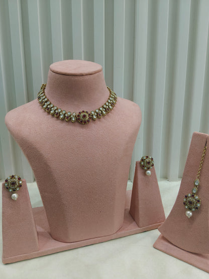 Antique Maroon Moissanite kundan necklace Indian Jewellery Aya Wedding Sets