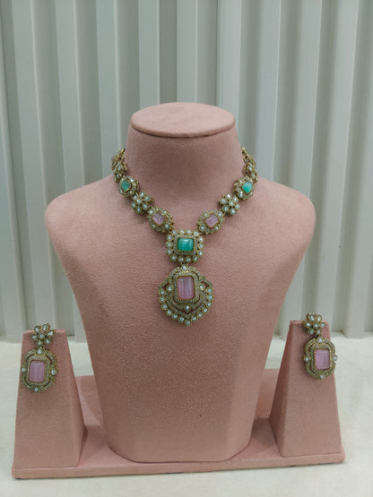Antique Mint Pink Moissanite kundan necklace Indian Jewellery Hemu Wedding Sets