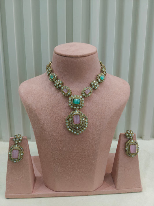 Antique Mint Pink Moissanite kundan necklace Indian Jewellery Hemu Wedding Sets