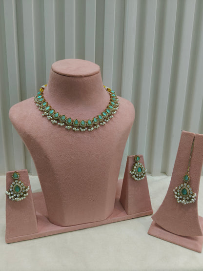 Antique Moissanite Pista kundan necklace Indian Jewellery Semu Wedding Set