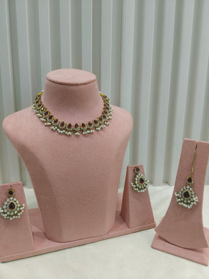 Antique Moissanite Maroon kundan necklace Indian Jewellery Semu Wedding Sets
