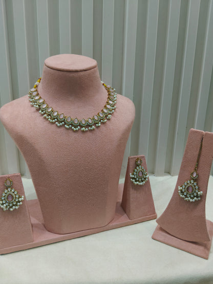 Antique Moissanite Pink kundan necklace Indian Jewellery Semu Wedding Sets