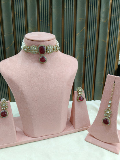 Antique Maroon Moissanite kundan choker Indian Jewellery Letin Wedding Set