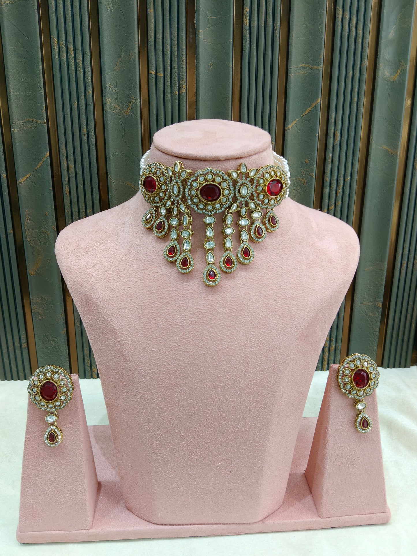 Antique Maroon Moissanite kundan choker Indian Jewellery Soza Wedding Set