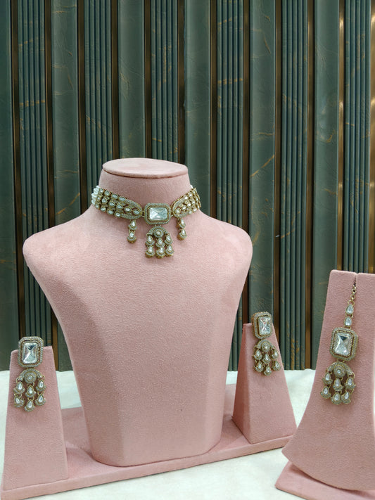 Antique Moissanite kundan choker Indian Jewellery Soza Wedding Set