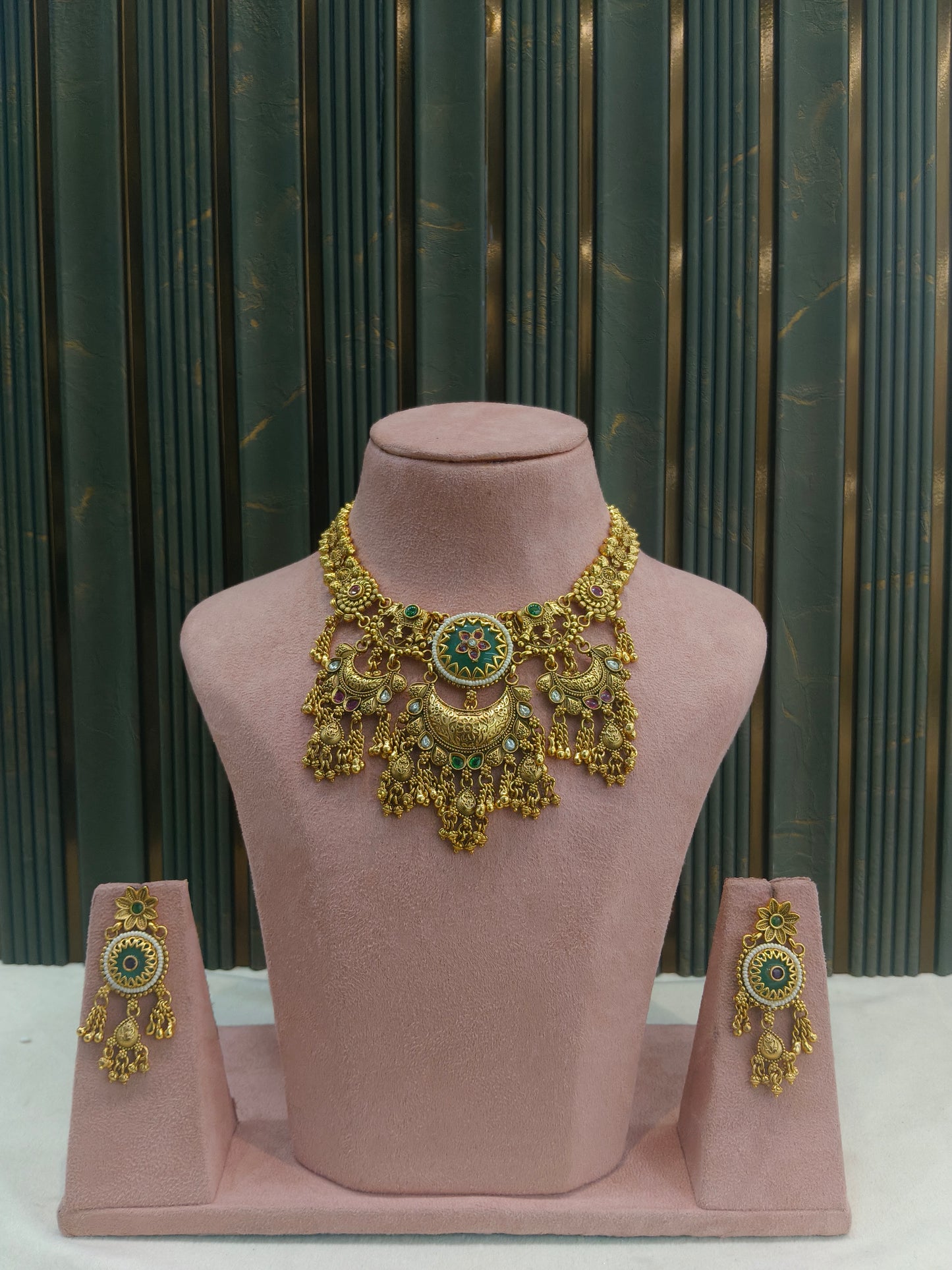 Gold Polki Ruby Sage Green Necklace Jewellery Mehram Set